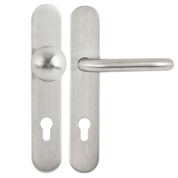 Spring-loaded handle and a straight door knob pair, with full size shields.