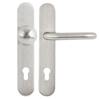 Spring-loaded handle and a straight door knob pair, with full size shields.