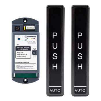 Wireless transceiver push button set for automatic doors